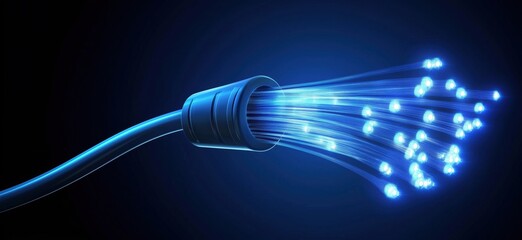 Poster - Fiber optic cable emitting light beams in dark background for high-speed internet technology, copy space for text