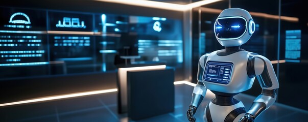 Poster - Futuristic humanoid robot in high-tech environment with digital displays and blue lighting, copy space for text