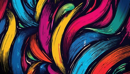 Aufkleber - vibrant abstract brushstroke pattern with colorful flowing curves in yellow, blue, pink, and purple on a dark background

