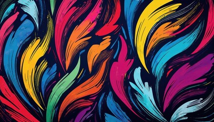 Aufkleber - vibrant abstract brushstroke pattern with colorful flowing curves in yellow, blue, pink, and purple on a dark background

