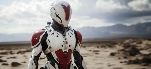 Poster - Futuristic humanoid robot in desert landscape with advanced armor design, copy space for text
