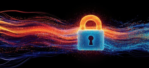 Fototapete - Digital lock symbolizing cybersecurity with vibrant data flow and glowing effects, copy space for text