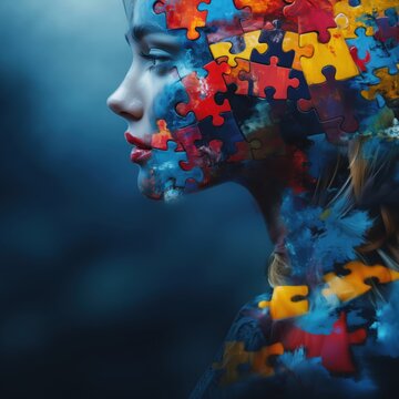 Portrait of a woman with puzzle pieces representing complexity and identity, copy space for text