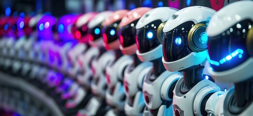 Poster - Futuristic lineup of humanoid robots with glowing features at technology exhibition, copy space for text
