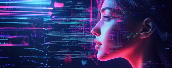 Poster - Futuristic portrait of a woman with digital data overlay and neon lights, copy space for text