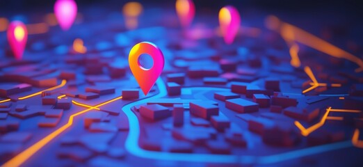 Poster - 3D Map Visualization with Colorful Location Pins and Neon Pathways, copy space for text
