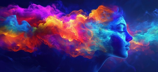 Poster - Colorful smoke art portrait of a woman with vibrant hair and ethereal expression, copy space for text