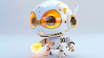 A cute white robot with golden accents, standing on a white background. It has large, glowing eyes and is holding a ball of light in its hand