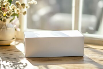 Mockup of a white cardboard box with a logo design on a soft wooden table.