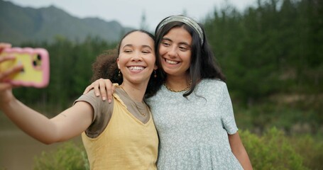 Wall Mural - hiking women friends, selfie and nature with smile, tongue and peace sign for adventure blog in summ