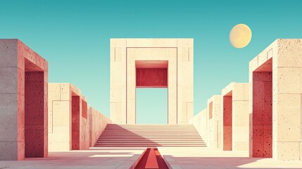 Poster - A large building with a red archway and a large moon in the sky