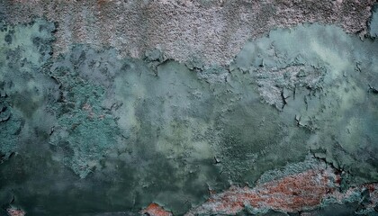 Poster - weathered green peeling paint and textured mold on aged concrete wall, abstract grunge background for artistic design

