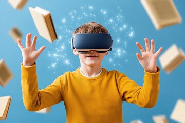 Poster - A young boy wearing VR glasses is standing in the center of an open space, surrounded by floating books and holographic cubes with magical energy emanating from them. He has his hands raised