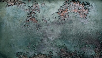 Poster - weathered green peeling paint and textured mold on aged concrete wall, abstract grunge background for artistic design


