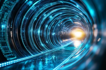 Poster - Abstract digital background with glowing blue light and reflection on a water surface in a data center room, AI technology concept