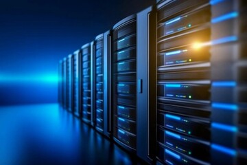 Poster - Abstract digital background with glowing blue light and reflection on a water surface in a data center room, AI technology concept