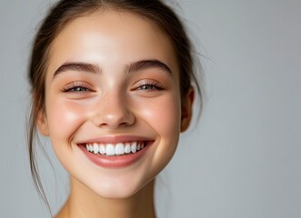 Canvas Print - Beautiful young woman smiling with perfect teeth on a gray background, close-up portrait, beauty and skin care concept, copy space for text, 