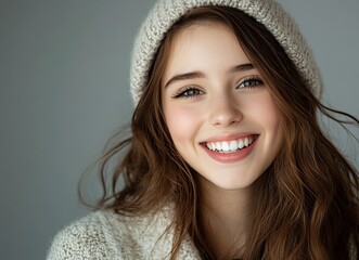 Canvas Print - Beautiful young woman smiling with perfect teeth on a gray background, close-up portrait, beauty and skin care concept, copy space for text, 