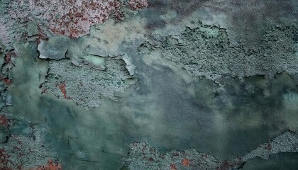 Poster - weathered green peeling paint and textured mold on aged concrete wall, abstract grunge background for artistic design

