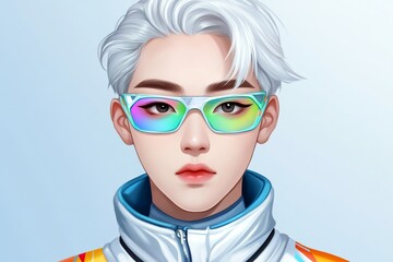 Poster - An illustration of a young Korean man with white hair, wearing a futuristic silver jacket and colorful neon glasses. The background is a light bluish-gray. He has sharp facial features, with