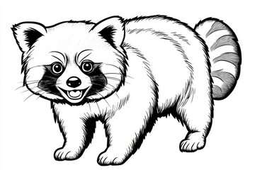 Poster - Black and white line drawing illustration of an American red panda walking towards the viewer, smiling with its tail raised up in front of it. The lines should be clean and precise to highlight
