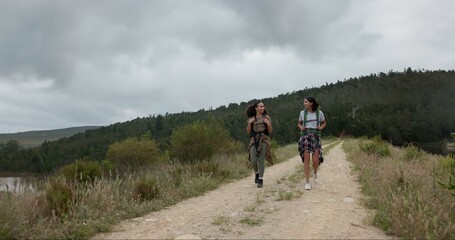 Wall Mural - friends, women in park and hiking in nature, walking and travel together with fun outdoor. adventure