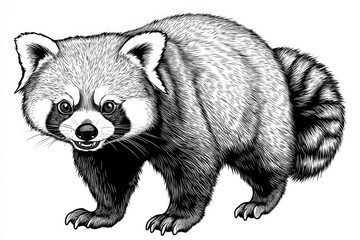 Poster - Black and white line drawing illustration of an American red panda walking towards the viewer, smiling with its tail raised up in front of it. The lines should be clean and precise to highlight