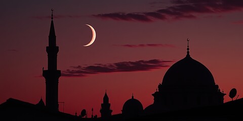Wall Mural - a silhouette of a mosque and a crescent moon in the sky. the moon is in the middle of the sky and th