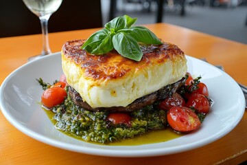 Poster - Burrata, an Italian specialty, is light and airy, with soft textures of mozzarella cheese on top. The creamy burrata is surrounded by fresh basil leaves, drizzled in olive oil for added healthiness.