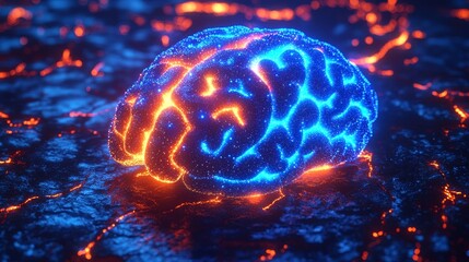 Poster - 3D Rendering of an Electric Blue Digital Brain, Illuminated with Orange, Against Black Background.