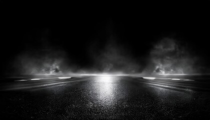 Aufkleber - dramatic night road with wet asphalt, glowing headlights and fog, cinematic background for mystery, thriller, or noir

