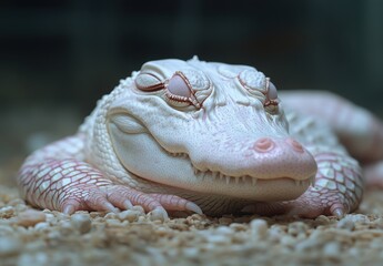 Poster - Serene Albino Lizard Resting on Pebbles in Natural Habitat with Soft Focus Background and Subtle Lighting for Wildlife Photography