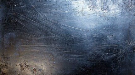 Poster - A textured metallic surface captures the soft glow of twilight. Subtle reflections intermingle with scratches, creating an abstract play of light and shadow, inviting contemplation