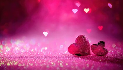 Poster - two glossy red heart shaped decorations on a sparkling pink surface with a dreamy bokeh background of floating soft white hearts

