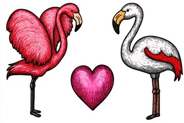 Aufkleber - Hand-drawn vector illustration of flamingos flying and standing in different poses, forming the shape of a heart on a white background for Valentine's Day design elements. Vector illustration