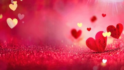 Poster - romantic red heart with sparkling glitter background, soft pink bokeh lights and floating glowing hearts, love celebration

