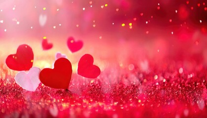 Poster - romantic red heart with sparkling glitter background, soft pink bokeh lights and floating glowing hearts, love celebration

