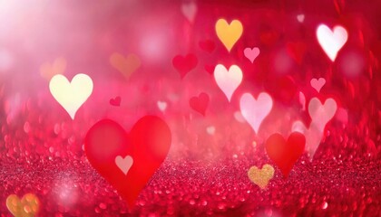 Poster - romantic red heart with sparkling glitter background, soft pink bokeh lights and floating glowing hearts, love celebration

