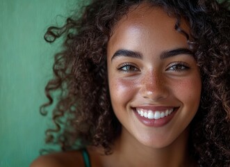 Canvas Print - Close-up of a beautiful Black woman smiling, with curly hair. She has natural makeup and is outdoors in a park, with a green background. 