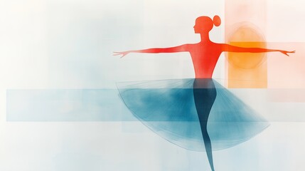 Poster - Dance silhouette with flowing skirt set against a soft sunset background in vibrant colors