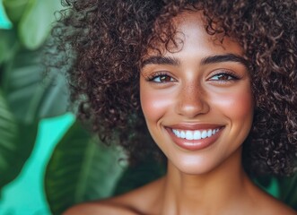 Canvas Print - Close-up of a beautiful Black woman smiling, with curly hair. She has natural makeup and is outdoors in a park, with a green background. 