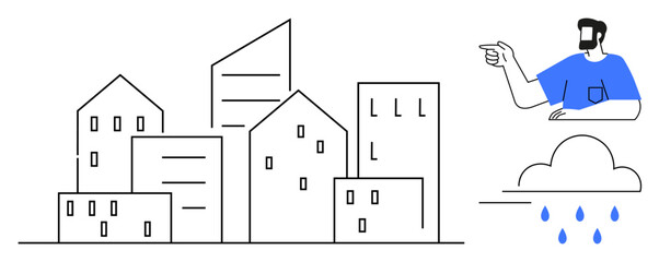 black and white outlined buildings with a man in a blue shirt pointing, next to a cloud with blue ra