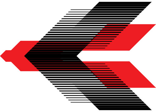 Abstract vector arrow, pointer. Strip for car body, boat, toy, sportswear. Racing pattern. Striped design element with space for text. Red and black vector background. Direction, navigation