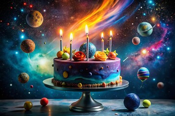 colorful birthday cake with planets & candles - cosmic galaxy background stock photo