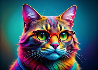  Colorful Cat in Glasses, Blue Background - Bright Pet Stock Photo