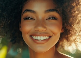 Canvas Print - Close-up of a beautiful Black woman smiling, with curly hair. She has natural makeup and is outdoors in a park, with a green background. 