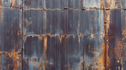 Poster - Layers of rust and wear create an intriguing texture on the weathered metal wall, reflecting urban decay and nature's artistry in a quiet city corner