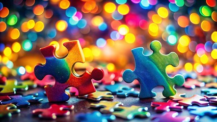 Wall Mural - colorful interlocking puzzle pieces with bokeh background - abstract stock photo