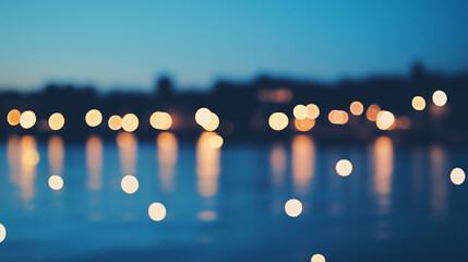 Poster - City Lights on the Water: A mesmerizing display of bokeh lights dancing over calm water, with the blurred silhouette of a city skyline in the background, creates a sense of serenity.