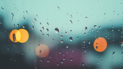 Poster - Raindrops on the Window: The image captures a rainy day scene through a window, with water droplets clinging to the glass, blurring the vibrant city lights in the background 